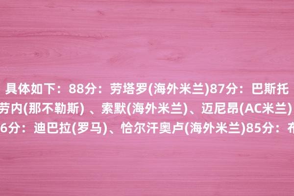 具体如下：88分：劳塔罗(海外米兰)87分：巴斯托尼(海外米兰) 、德布劳内(那不勒斯) 、索默(海外米兰)、迈尼昂(AC米兰)、巴雷拉(海外米兰)86分：迪巴拉(罗马)、恰尔汗奥卢(海外米兰)85分：布雷默(尤文图斯)、麦克托米奈(那不勒斯)、迪马尔科(海外米兰) 、马库斯-图拉姆(海外米兰)、德赫亚(佛罗伦萨)84分：莱奥(AC米兰)、普利希奇(AC米兰)、扎卡尼(拉皆奥)、洛卡特利(尤文图斯)、卢卡库(那不勒斯)、卡尔内塞基(亚特兰大) 、邓弗里斯(海外米兰)、卢克曼(亚特兰大) 、阿切尔比(海外米兰)、德弗赖(海外米兰)83分：基恩(佛罗伦萨)、洛博特卡(那不勒斯)、迪洛伦佐(那不勒斯)    体育赛事直播